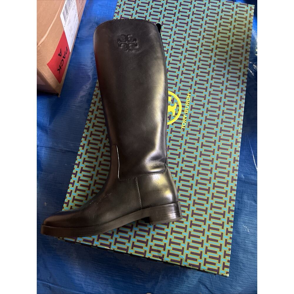 Tory Burch The Riding Boot Logo Embossed Perfect Black Size 7.5 - Picture 2 of 13
